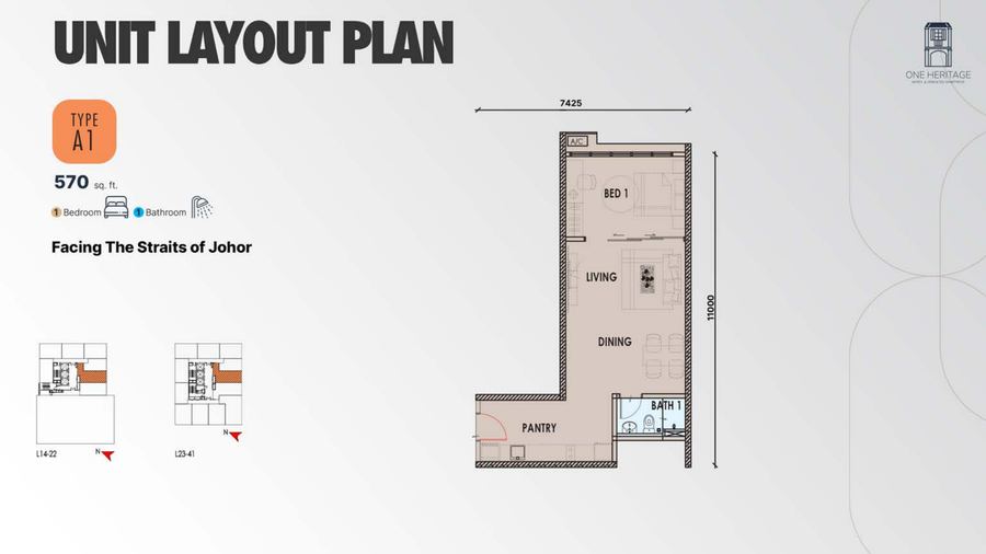 One Heritage JB Type A1 floor plan, 570 sq ft 1-bedroom