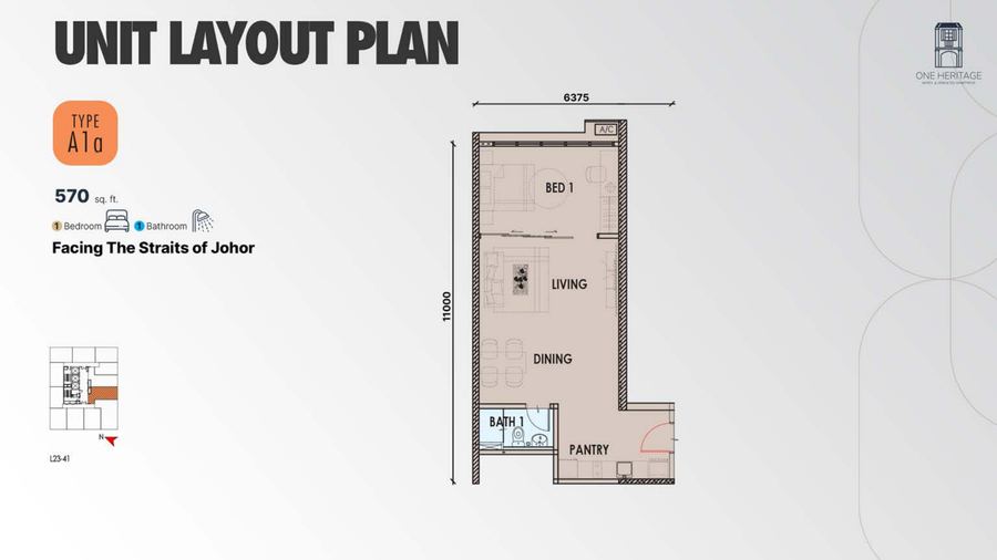 One Heritage JB Type A1a floor plan, 570 sq ft 1-bedroom