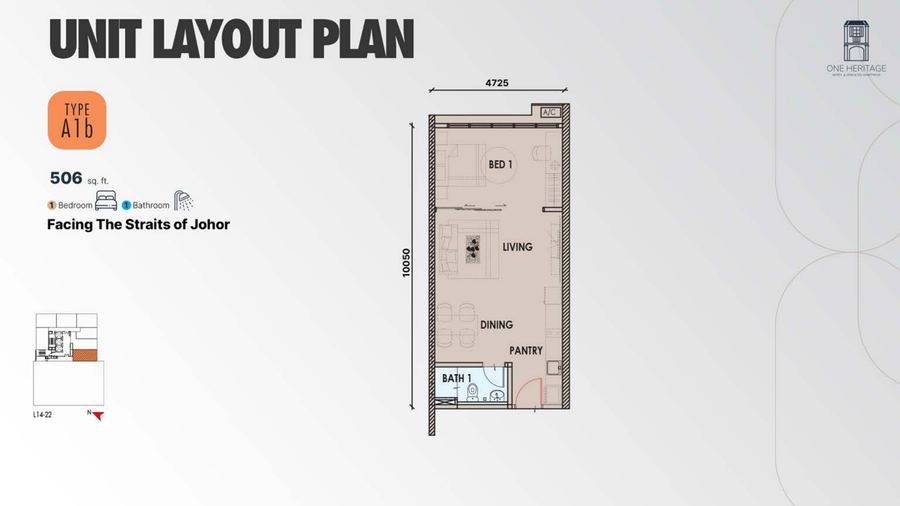 One Heritage JB Type A1b floor plan, 506 sq ft 1-bedroom