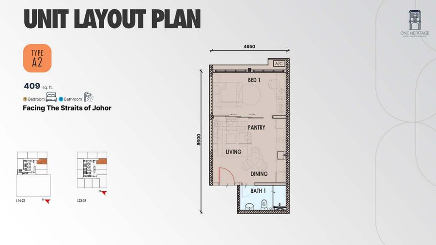 One Heritage JB Type A2 floor plan, 409 sq ft 1-bedroom