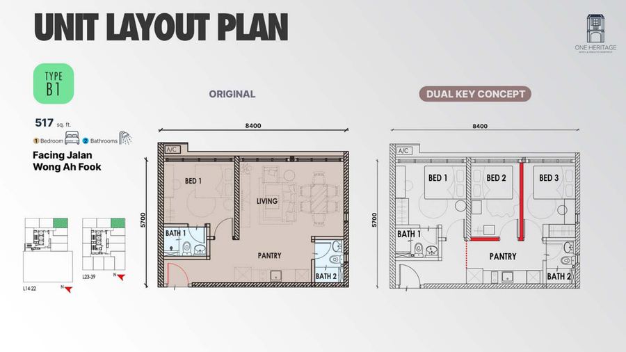 One Heritage JB Type B1 floor plan, 517 sq ft dual-key
