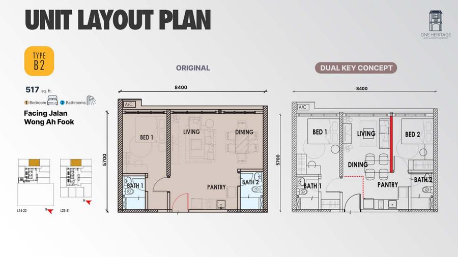 One Heritage JB Type B2 floor plan, 517 sq ft dual-key