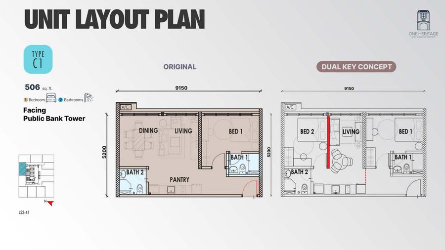 One Heritage JB Type C1 floor plan, 506 sq ft dual-key
