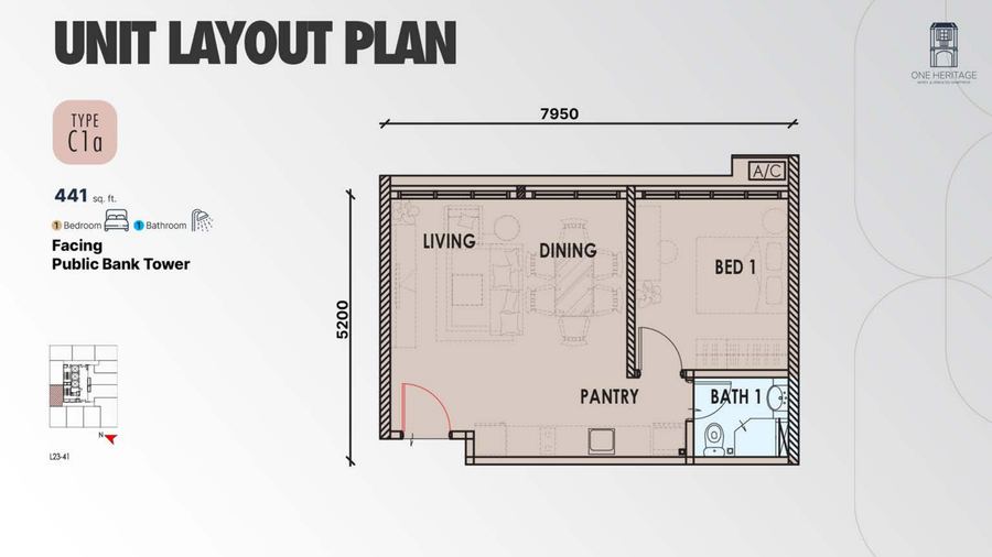 One Heritage JB Type C1a floor plan, 441 sq ft 1-bedroom