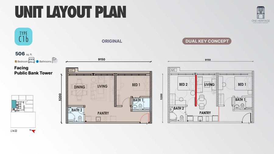 One Heritage JB Type C1b floor plan, 506 sq ft dual-key