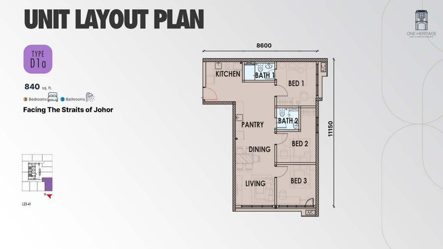 One Heritage JB Type D1a floor plan, 840 sq ft 3-bedroom