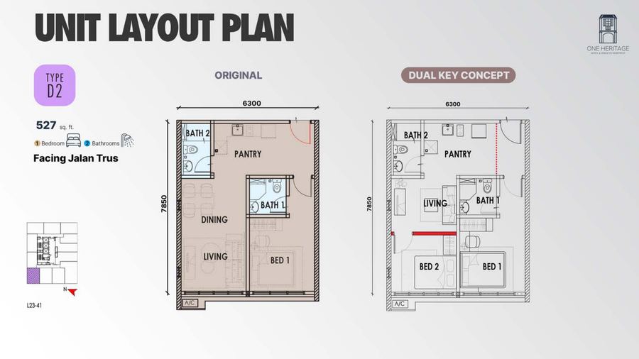 One Heritage JB Type D2 floor plan, 527 sq ft dual-key
