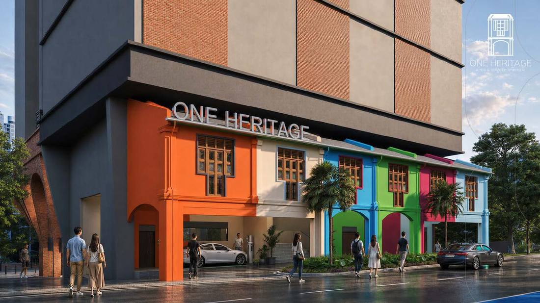 One Heritage JB brick-arched podium facade, Johor Bahru city centre